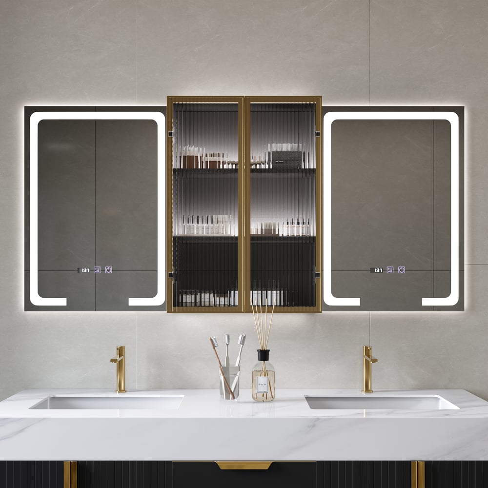 Mobile a specchio LED nero da 150 cm con vano centrale, dimmerabile a 3 colori e antiappannamento Immagine della finestra