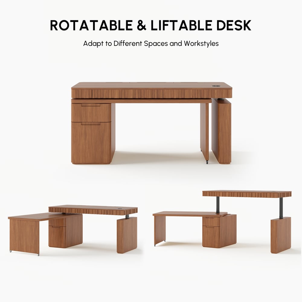 Aura 63" Walnut Flutted 360-Degree Rotating Desk Electric Adjustable Standing Desk window image