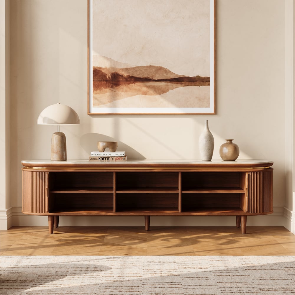 79" Ash Wood Walnut Fluted TV Stand with Sintered Stone Top window image