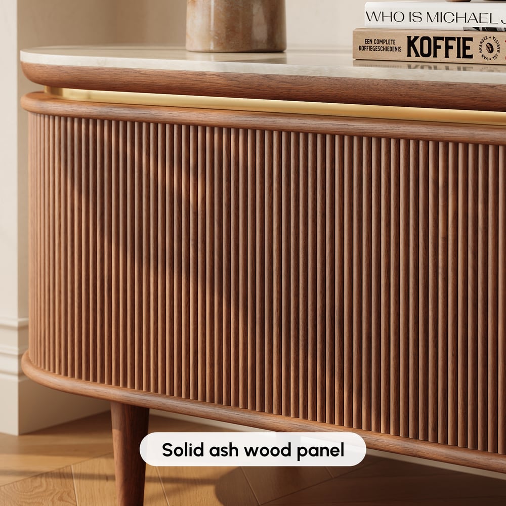 79" Ash Wood Walnut Fluted TV Stand with Sintered Stone Top window image