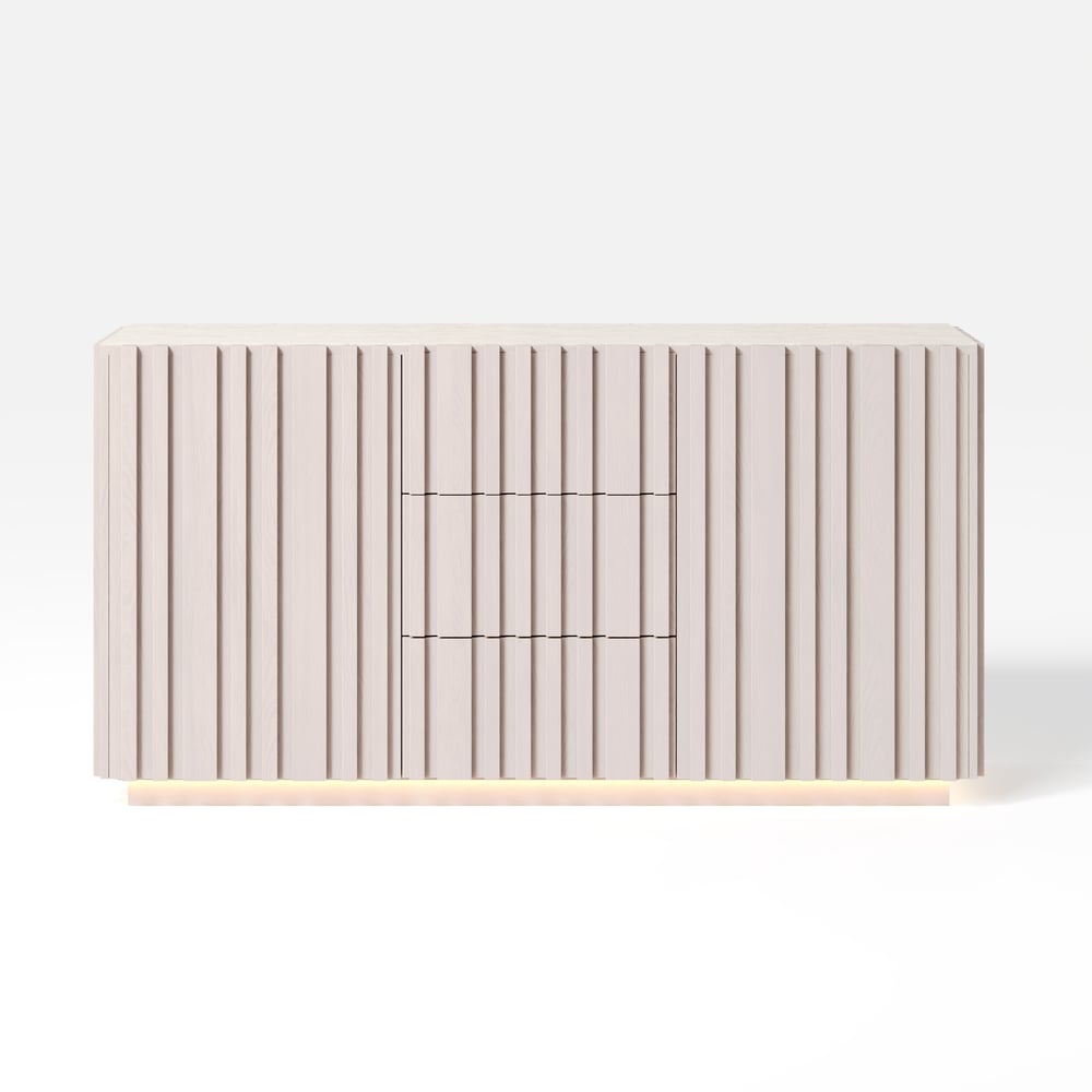 Buffet Aura 152,4 cm (60") avec plateau imitation travertin blanchi, panneaux à lattes en bois de frêne et éclairage image de fenêtre