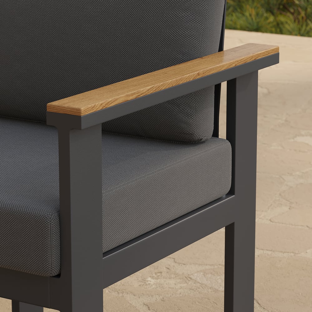 Chaises de salle à manger de jardin Tevara en teck et aluminium avec coussin - gris foncé, 2 pièces image de fenêtre