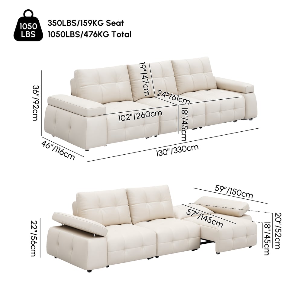 130" 3-Seater Genuine Leather Power Convertible Sleeper Sofa with Adjustable Armrests weights dimensions image