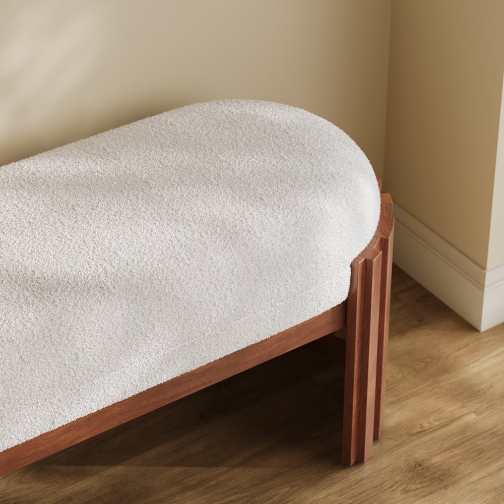 Aura 47” Walnut Wooden Boucle Upholstered Entryway Bench window image