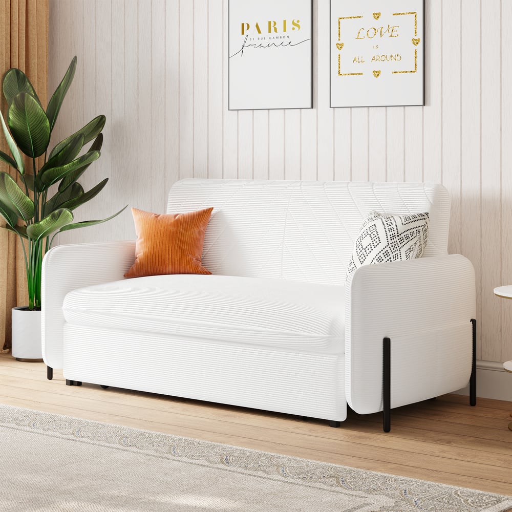 Canapé convertible lit 172 cm 2 places velours côtelé blanc avec rangement et coussins image de fenêtre
