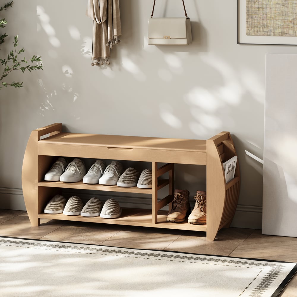 Banc d'entrée en bois massif naturel de 40 pouces avec rangement pour chaussures et étagère à chaussures image de fenêtre