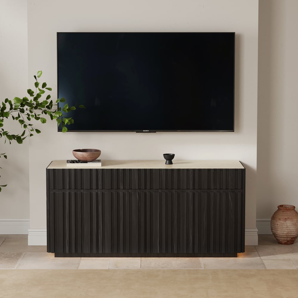 Aura 65" Ash Wood Slatted Black TV Stand with Sintered Stone Top window image