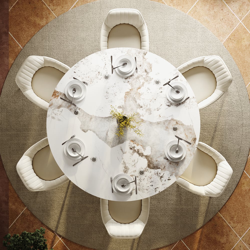 Modern 60" Round Glossy Sintered Stone Dining Table with Black Pedestal Base, Seats 6 window image