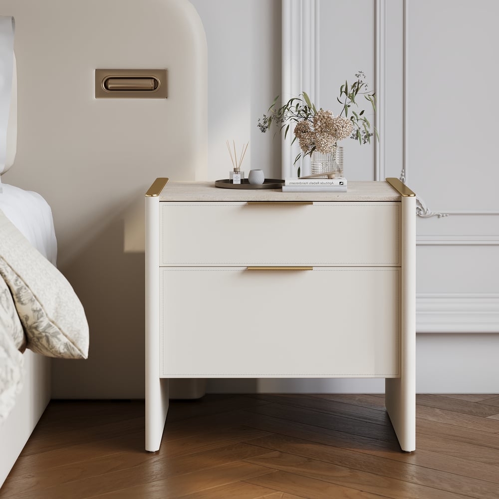 Modern Saddle Leather 2-Drawer Nightstand with Faux Travertine Stone Top window image