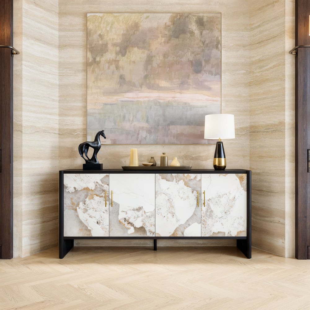 Modern 72" Sintered Stone Sideboard with Oak Wood Frame & Adjustable Shelves window image