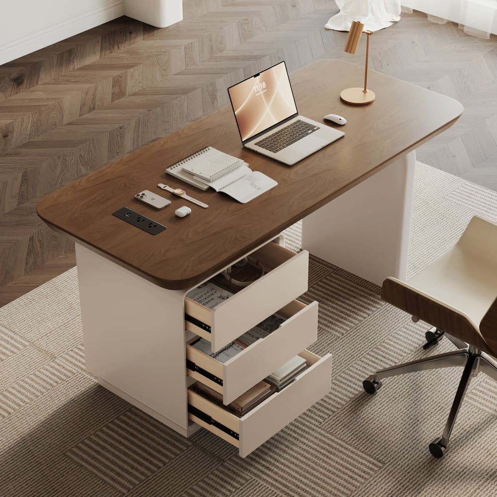 Modern 63” Rectangular Walnut Wood Desk with charging station & storage window image
