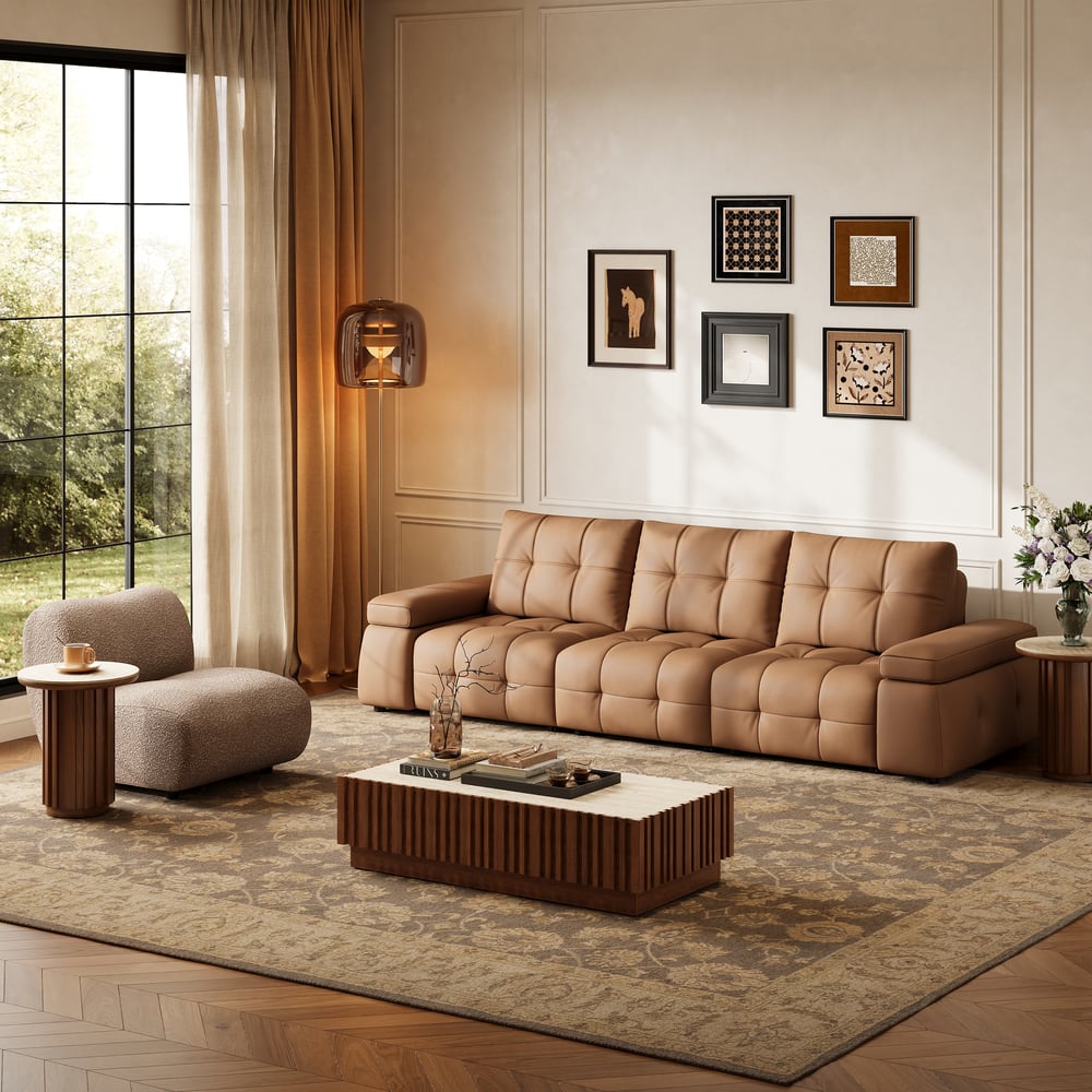 130" 3-Seater Genuine Leather Power Convertible Sleeper Sofa with adjustable armrests window image