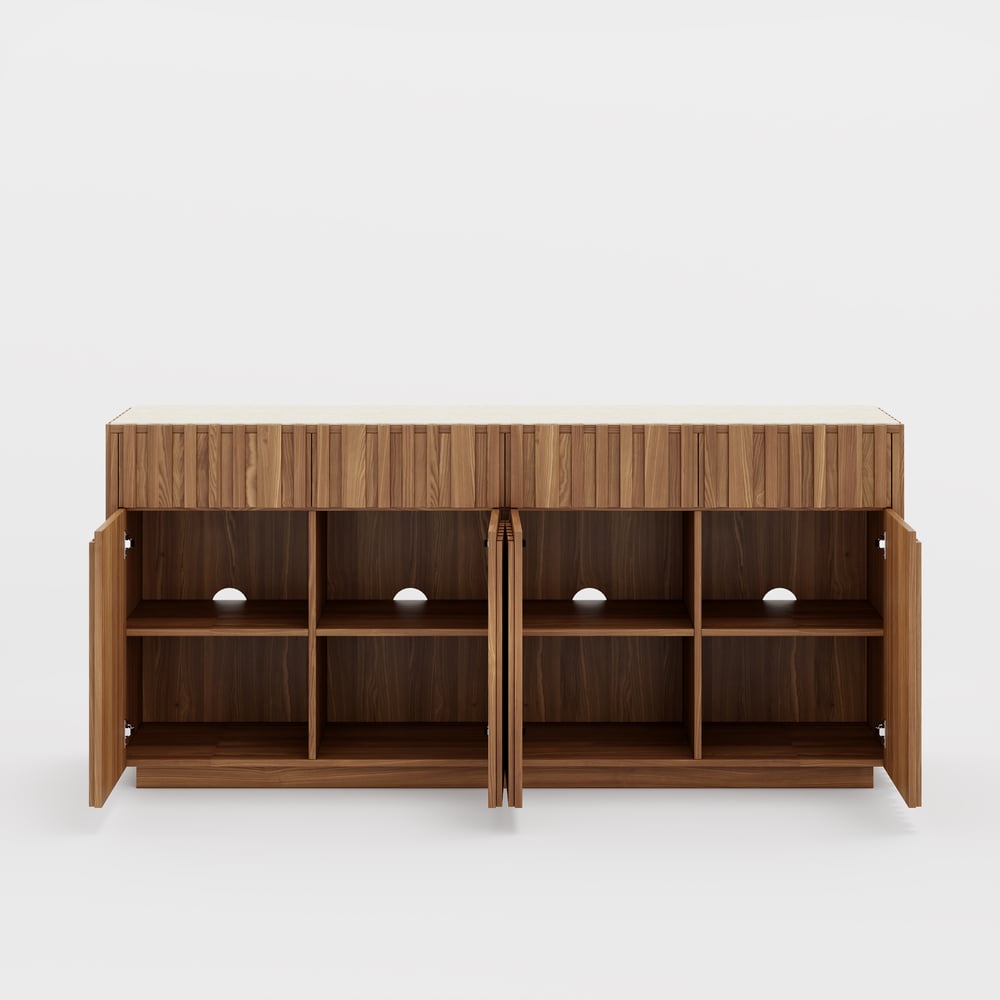 Aura 65" Ash Wood Slatted Walnut TV Stand with Sintered Stone Top window image