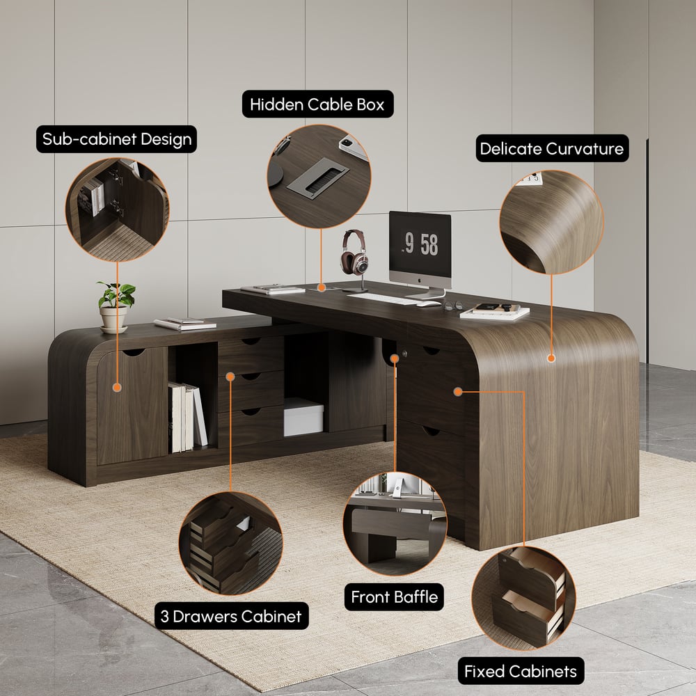 Chicent 71'' L-shaped Smoked Brown Computer Desk with Cabinet Left Hand window image
