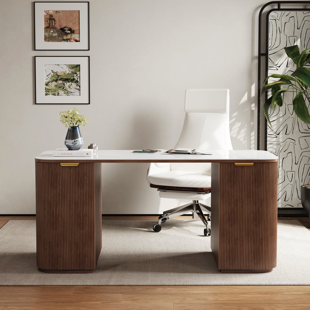 Bureau rectangulaire en noyer, frêne et pierre frittée avec 6 tiroirs (1620mm) image de fenêtre