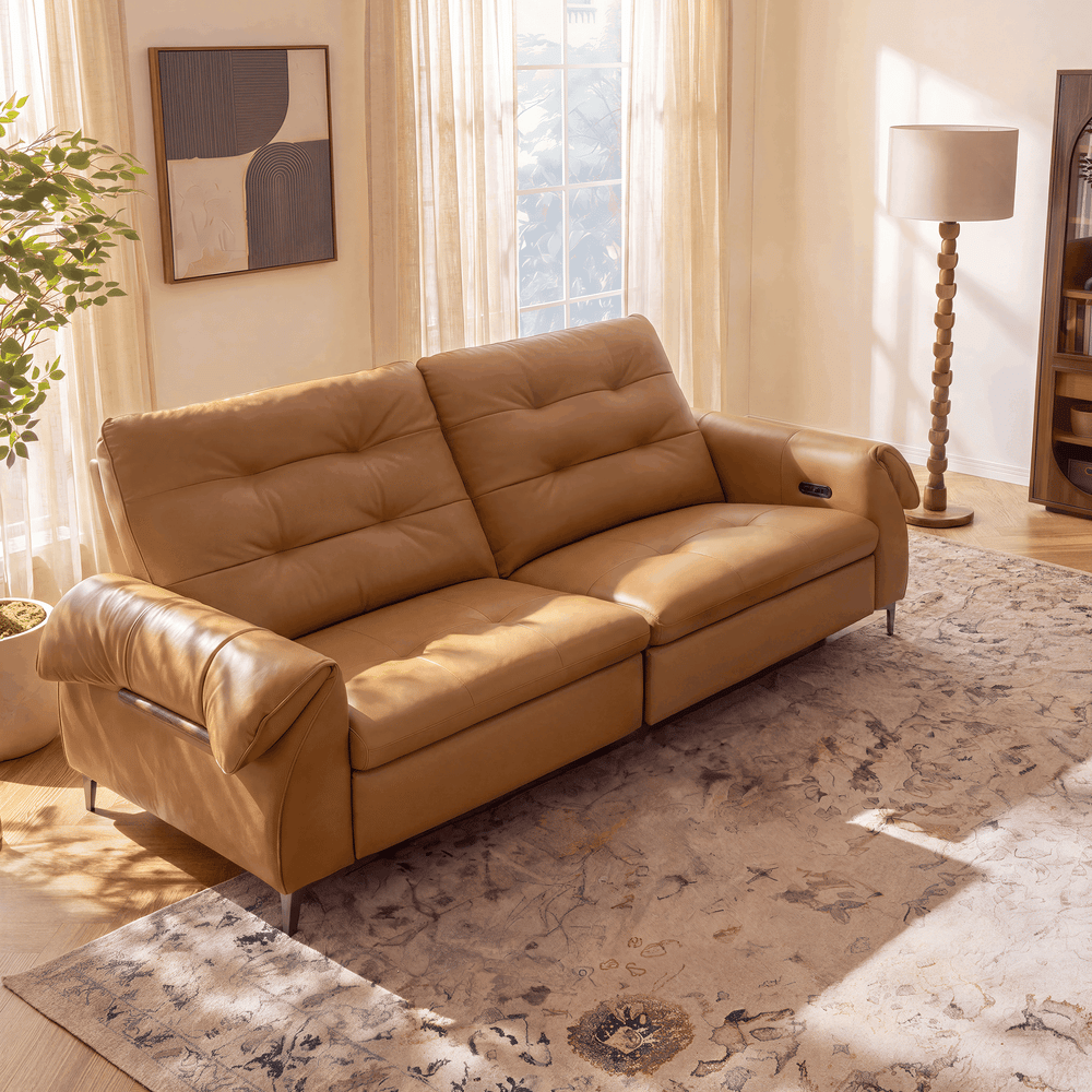 Canapé de relaxation électrique en cuir véritable 2 places de 216cm avec ports de charge USB et USB-C image de fenêtre