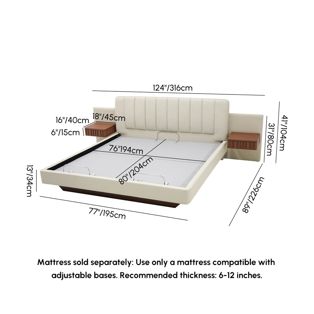 Genuine Leather Smart Bed Set With Adjustable Base And 2 Storage Nightstands weights dimensions image