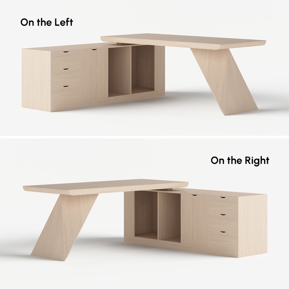 Escrivaninha executiva moderna em forma de L de 180 cm com acabamento em branco lavado e armazenamento, mão esquerda Imagem da janela