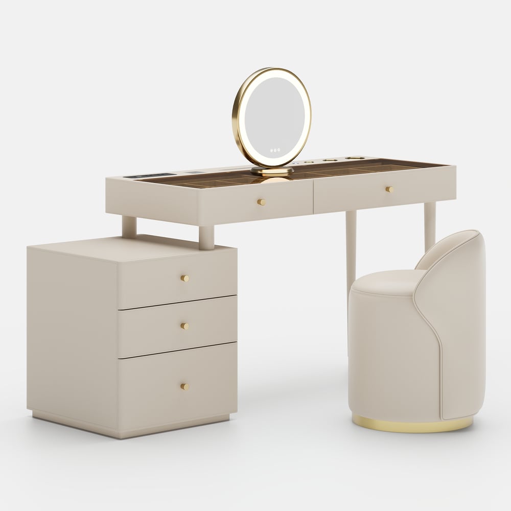Selva Oatmeal Saddle Leather LED-Makeup Vanity Set with Charing Station and Mirror window image