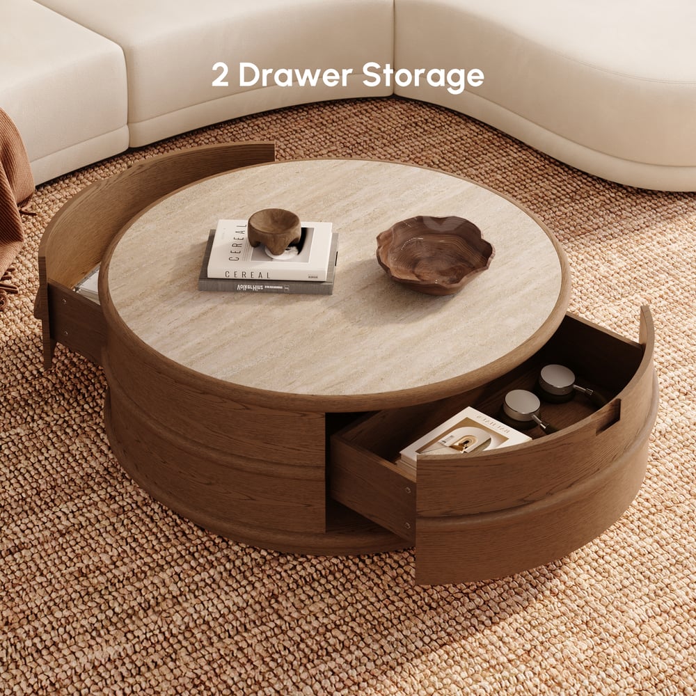 36" Ash Wood Round Coffee Table with Sintered Stone Top window image