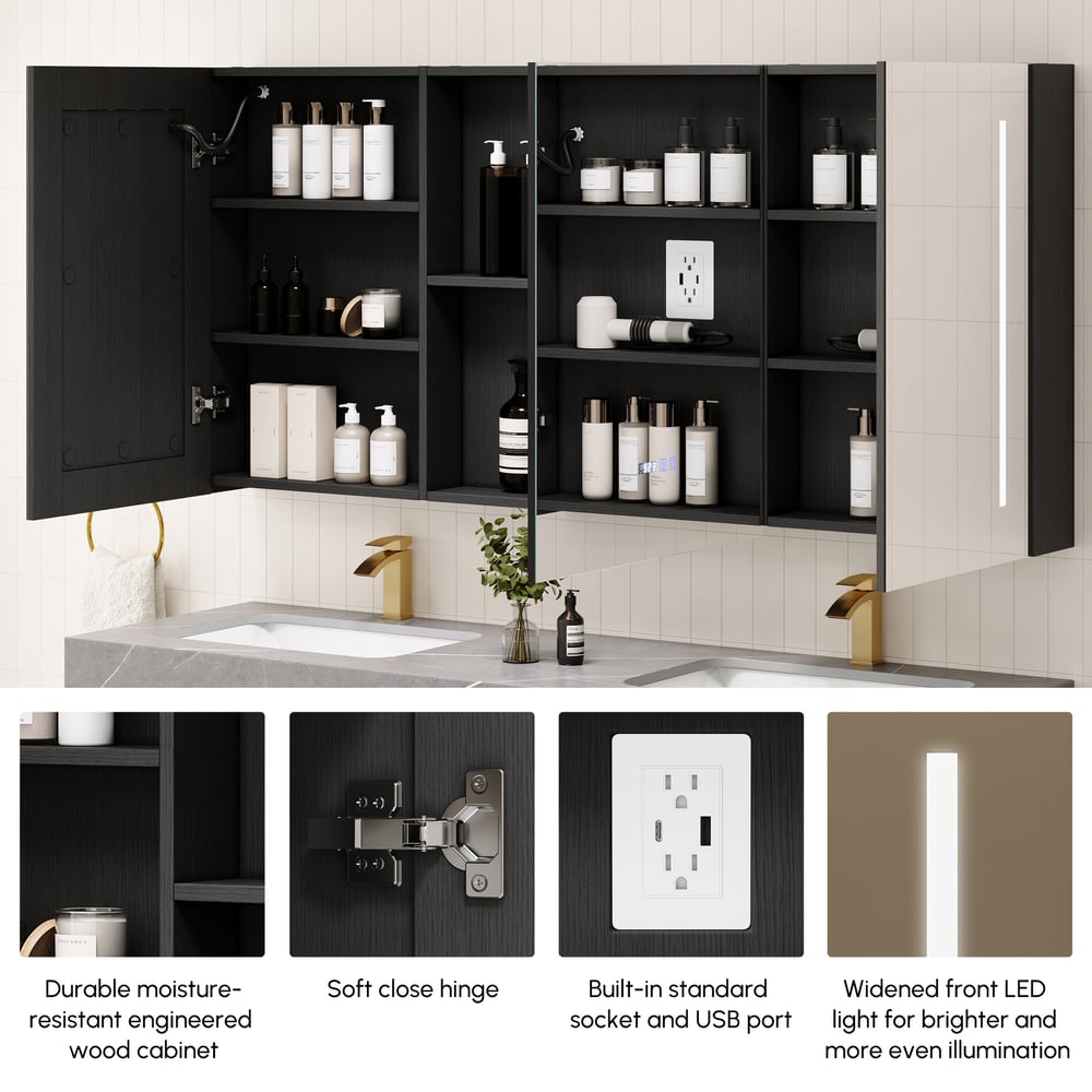 59" LED Bathroom Medicine Cabinet with Anti-Fog, Dimmable Tri-Color Lighting window image
