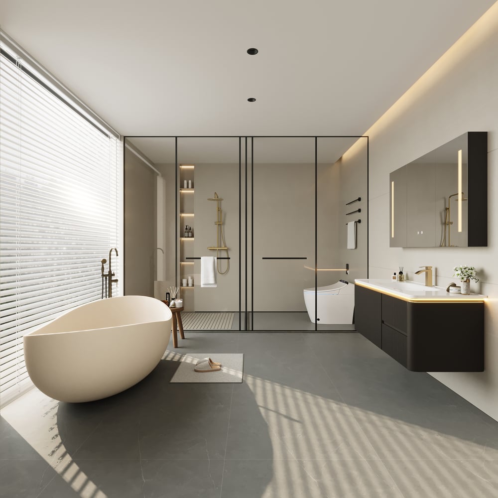 Mueble de baño flotante moderno de 120 cm con lavabo, LED suave, amplio almacenamiento Imagen de ventana