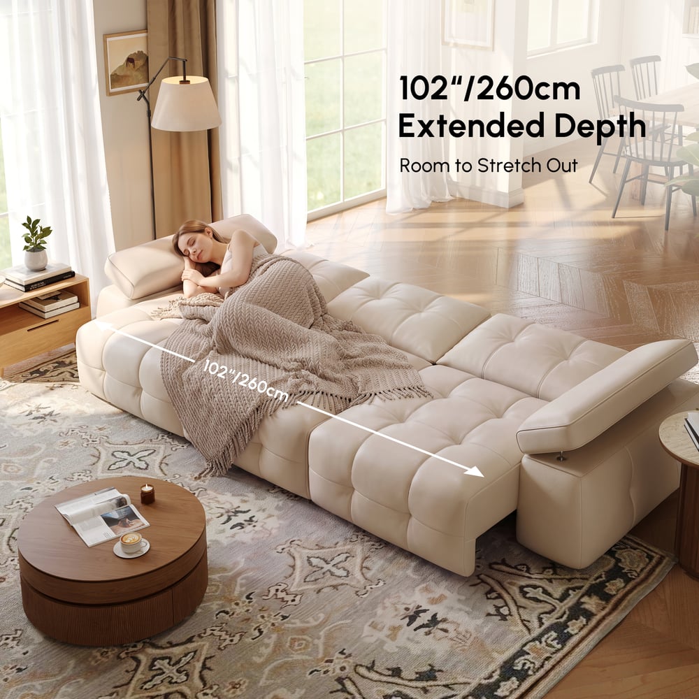 130" 3-Seater Genuine Leather Power Convertible Sleeper Sofa with Adjustable Armrests window image