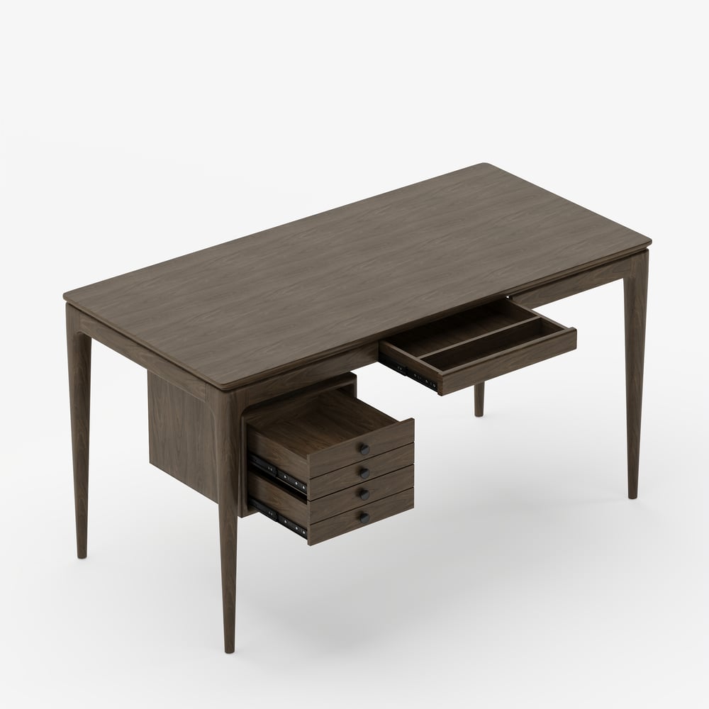 Tanic bureau 140 cm van essenhout, rookbruin, met 3 laden Vensterafbeelding