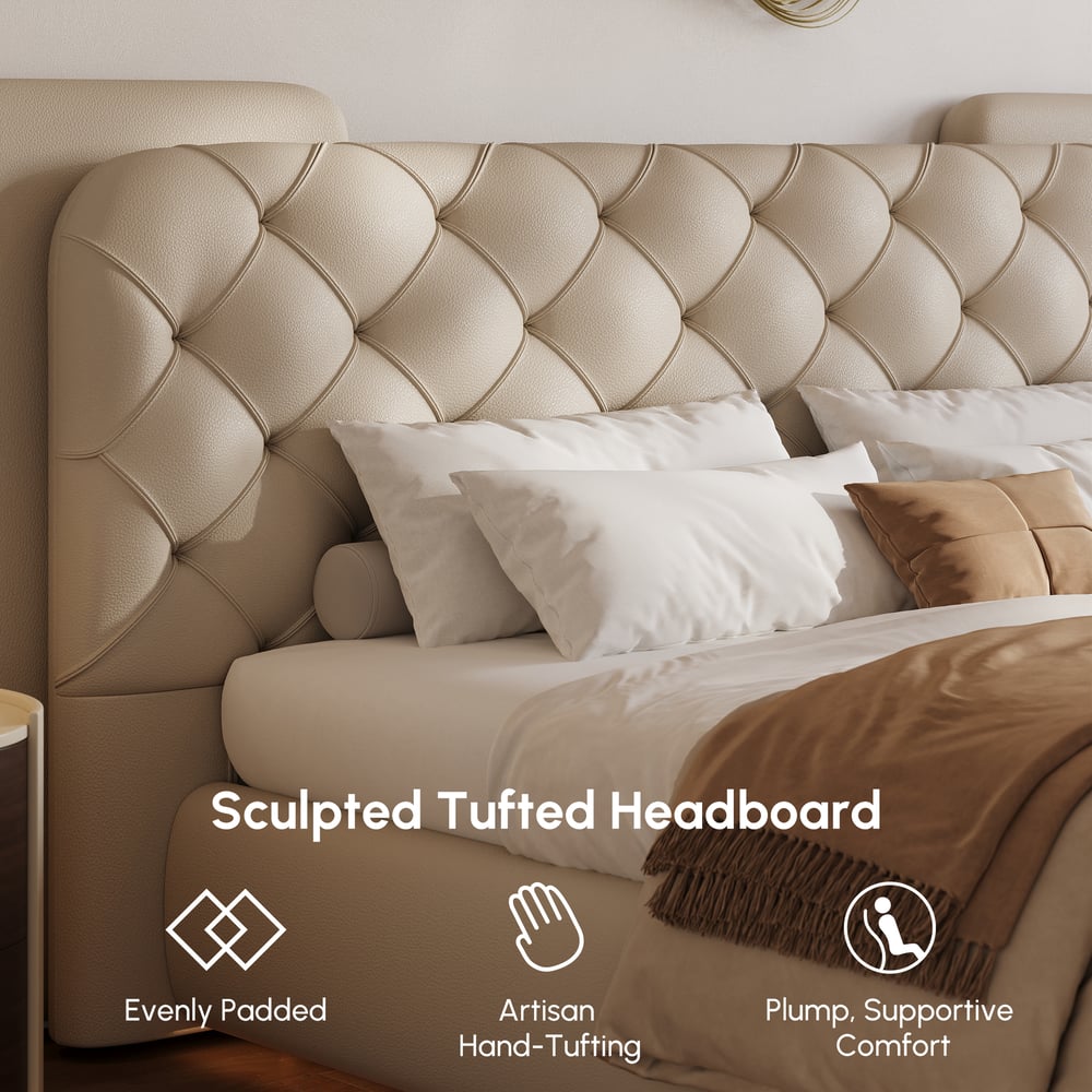 Modern King Genuine Leather Tufted Bed with Wide Charging Headboard & Light window image