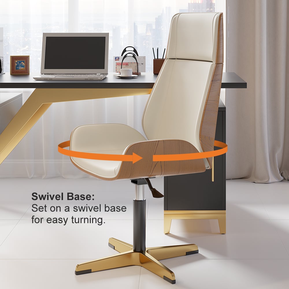 Walnut Curved Wooden Office Desk & Adjustable Swivel Executive Chair in Beige & Gold window image