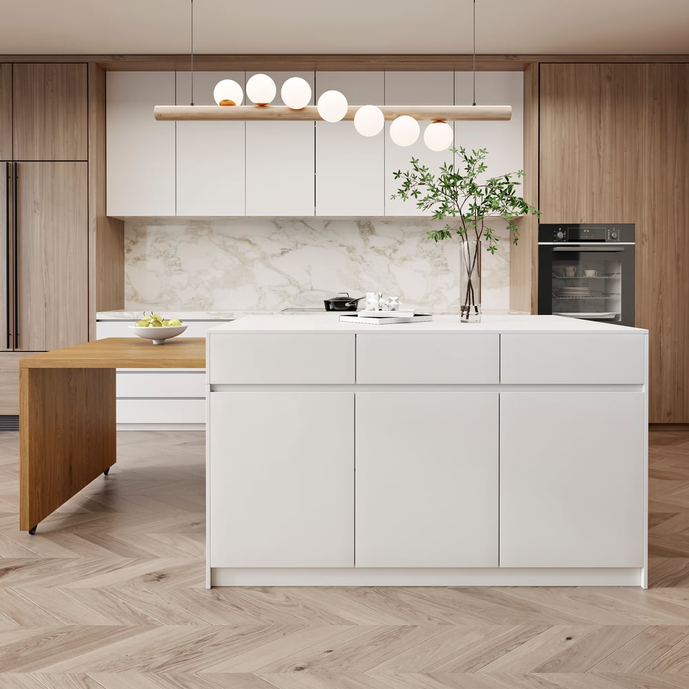 Îlot de cuisine extensible en bois de 81''-112" avec rangement, Naturel & Blanc image de fenêtre