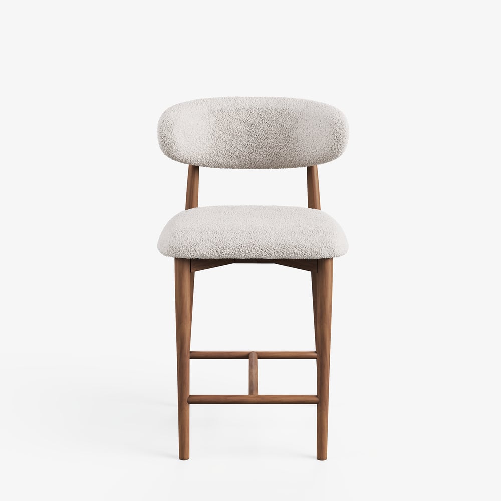 Modern Walnut Boucle Counter Stool with Wooden Legs, 1 Piece window image