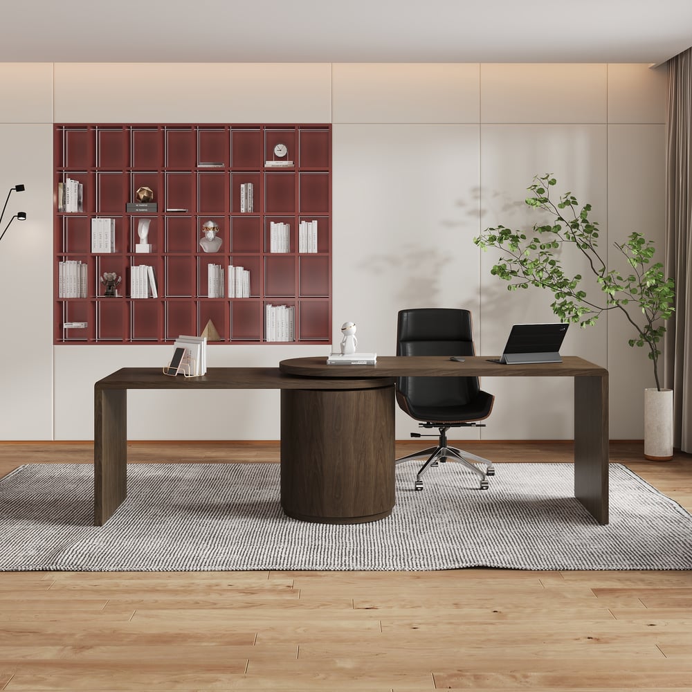 Modern 60" L-Shaped Walnut Office Desk with Drawers, Rotating Design window image