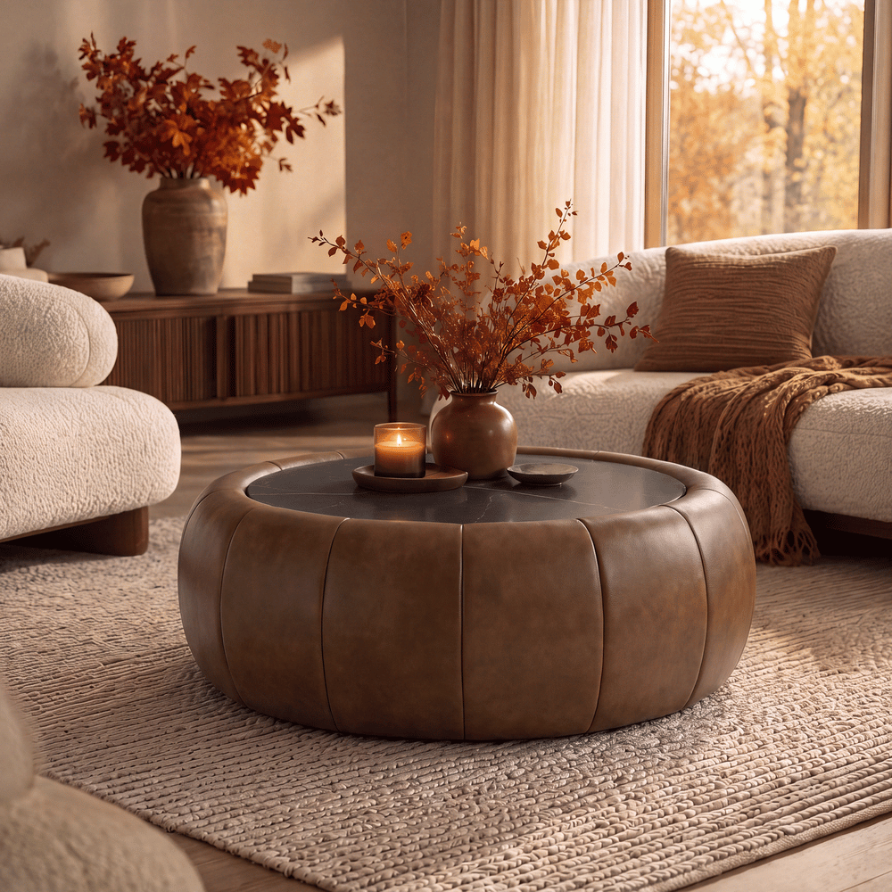 Modern 39" Round Performance Leather Ottoman Coffee Table with Hidden Storage window image
