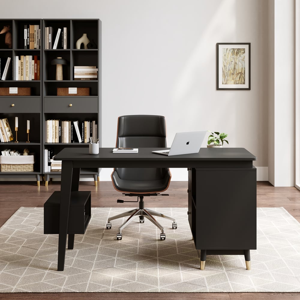 Ultic Matte Black L Shaped Home Office Desk & Faux Leather Office Chair Set with Wheels window image
