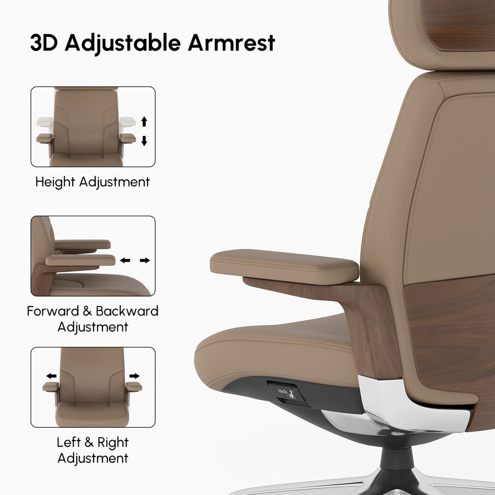 Khaki Genuine Leather Swivel Office Chair with Ergonomic Synchro-Tilt Recline System window image