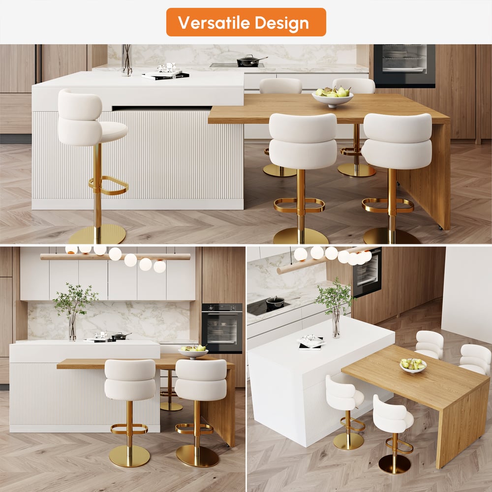 Îlot de cuisine extensible en bois de 81''-112" avec rangement, Naturel & Blanc image de fenêtre