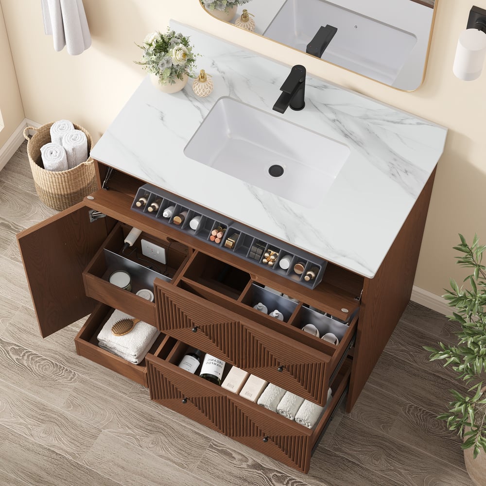 92cm Walnut Single Bathroom Vanity with Sink and Sintered Stone Top window image