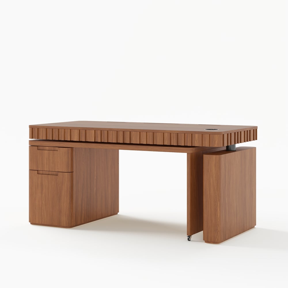 Aura 63" Walnut Flutted 360-Degree Rotating Desk Electric Adjustable Standing Desk window image