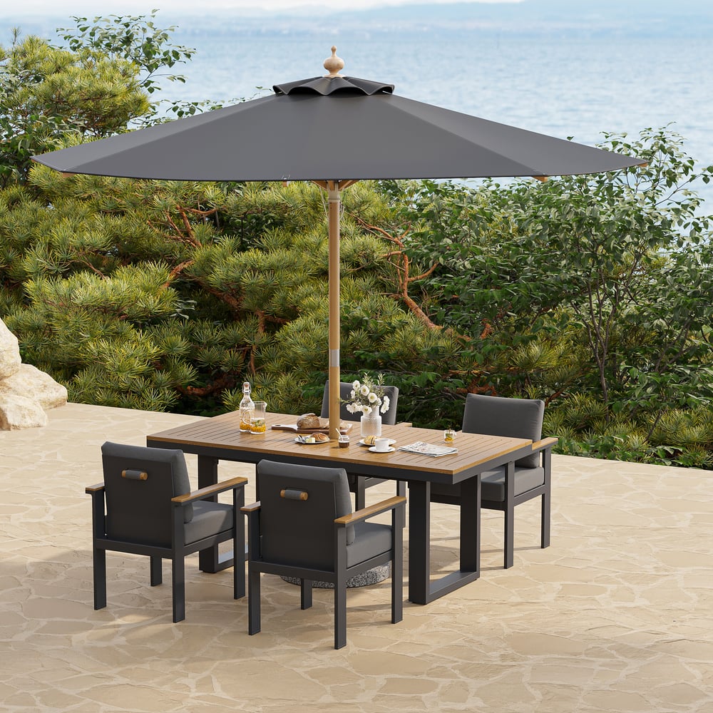 Tevara 6 Pieces Rectangle Wood & Aluminum Outdoor Dining Set with  Pillar Umbrella window image