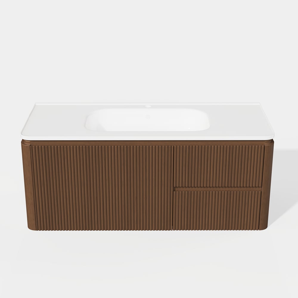 Moderno tocador de baño flotante acanalado de 119 cm con lavabo, LED suave y amplio almacenamiento Imagen de ventana