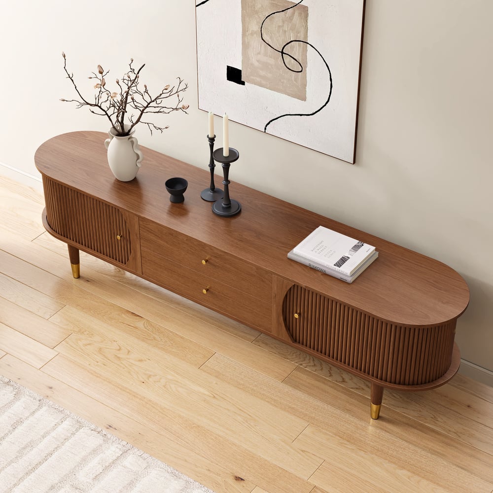 80" Ash Wood Fluted Walnut TV Stand with Storage window image