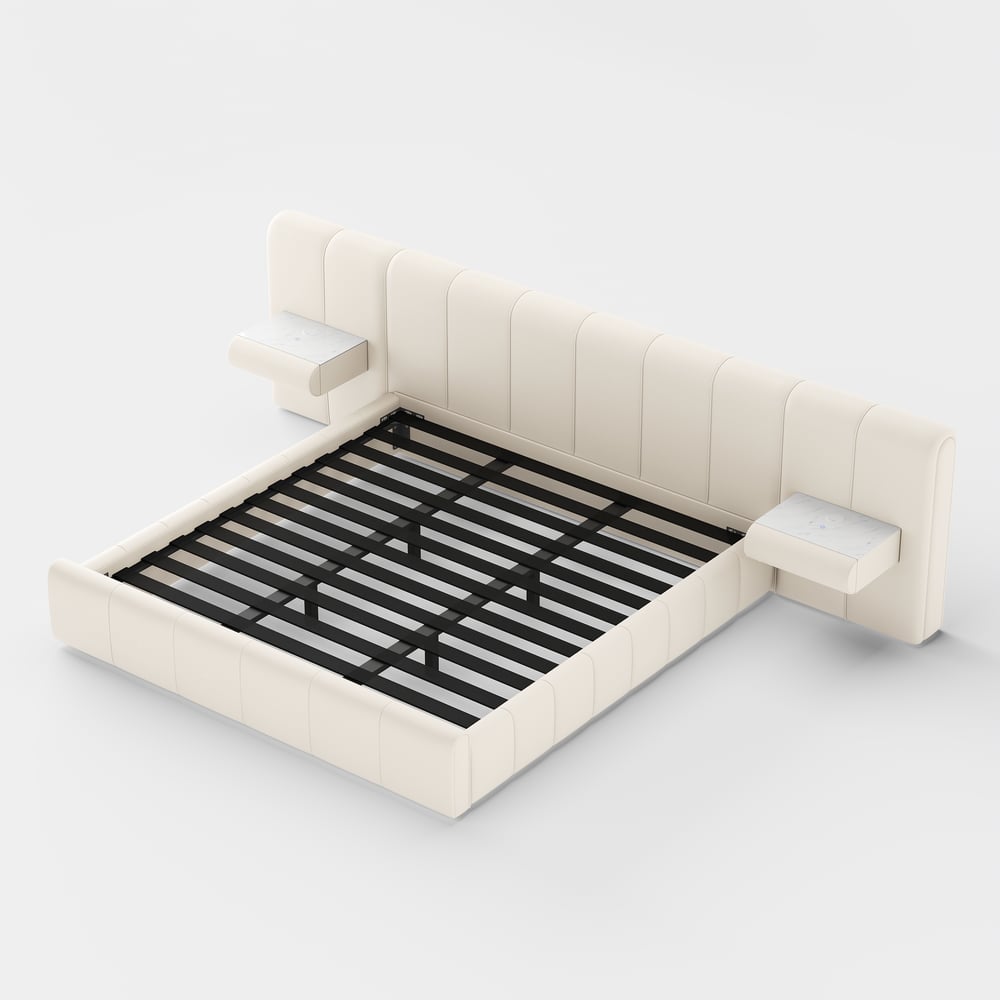 Humply King Size Upholstered Bed with Wide Headboard & Floating Smart Nightstand Set window image