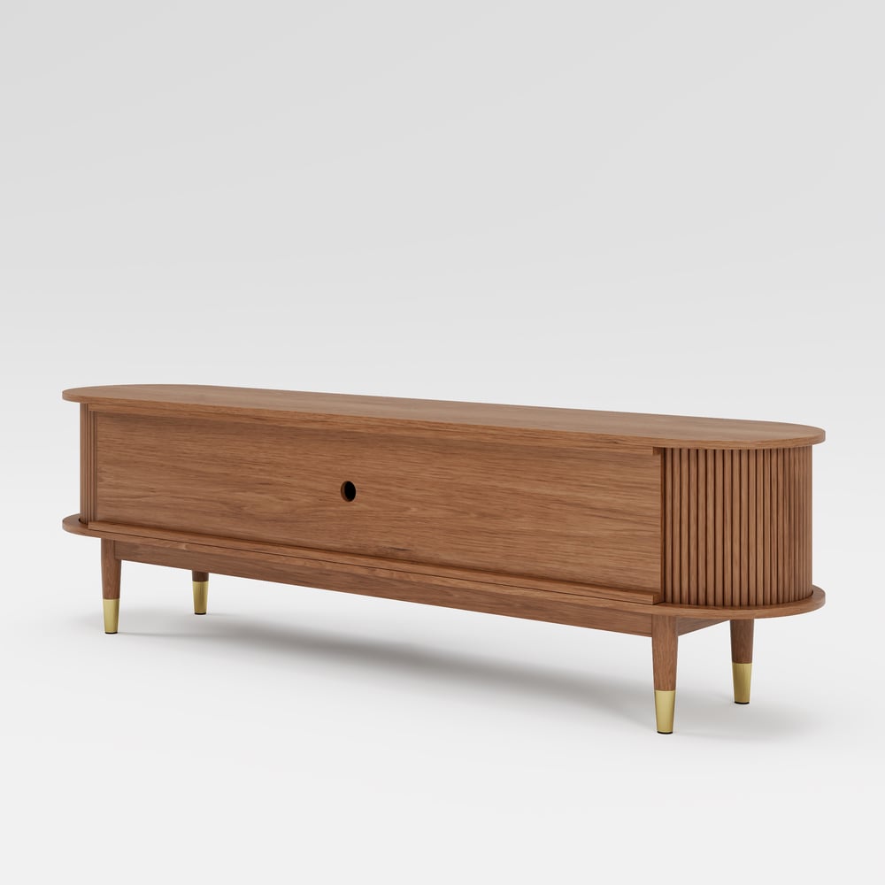 80" Ash Wood Fluted Walnut TV Stand with Storage window image