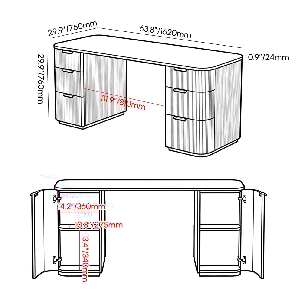 Modern Wash White Ash Wood & Sintered Stone Rectangle Desk with 6 Drawers (63.8") weights dimensions image