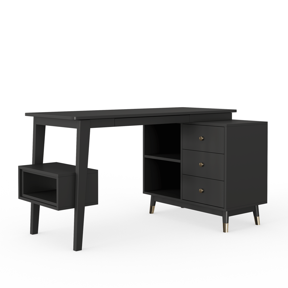 Ultic Matte Black L Shaped Home Office Desk & Faux Leather Office Chair Set with Wheels window image