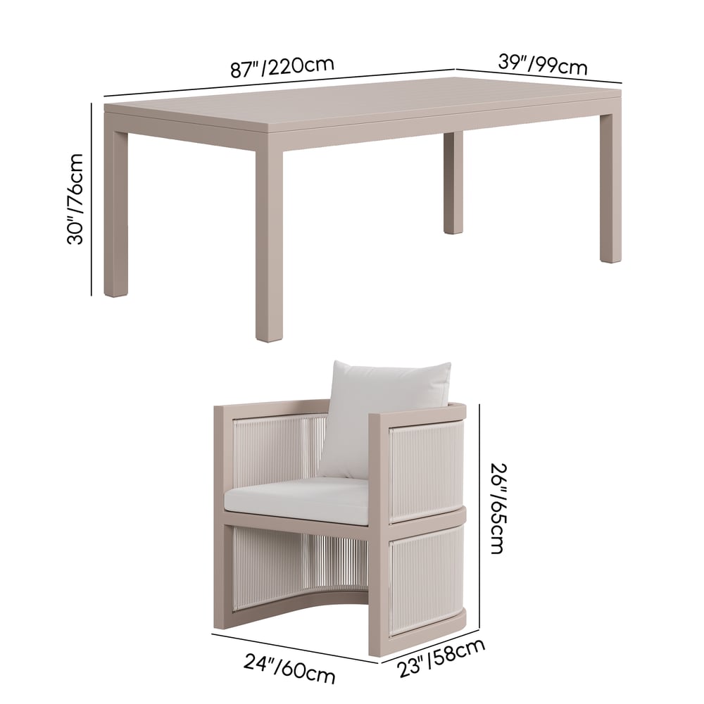 Wevara 9-Piece Outdoor Rope Weave Dining Set with 8 Chairs in Sand weights dimensions image