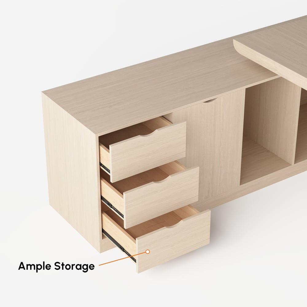 Escrivaninha executiva moderna em forma de L de 180 cm com acabamento em branco lavado e armazenamento, mão esquerda Imagem da janela