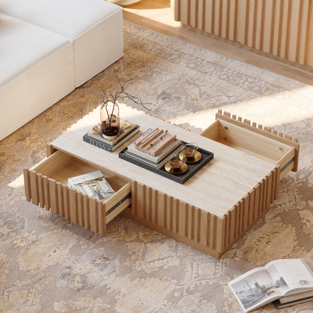 Table basse à lattes Aura 47" en bois de frêne avec plateau en pierre frittée image de fenêtre