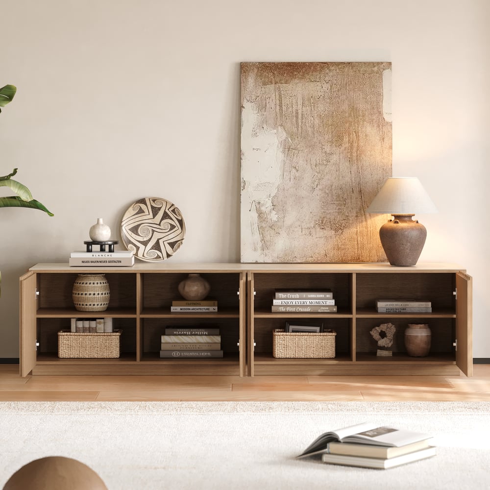 TV Lowboard Aura 213 cm in Grooved Ash in Natural with Sintered Stone Top window image
